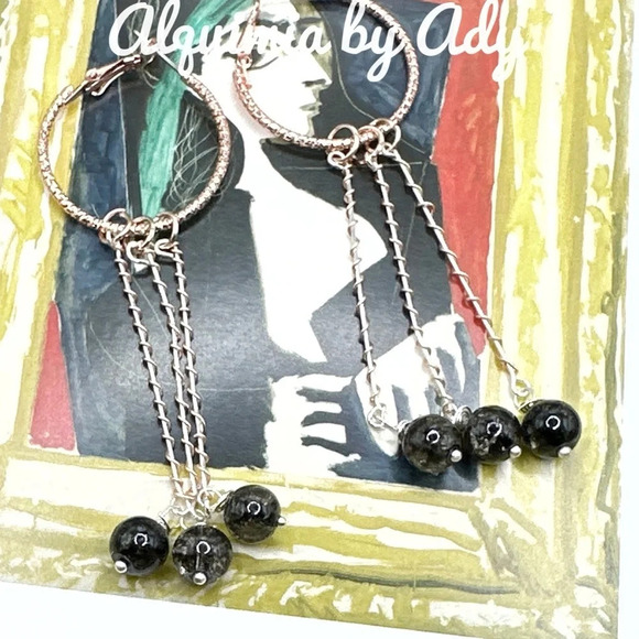 Black tourmaline very long balanced dangle spheres rose gold earrings - Picture 1 of 1